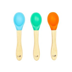 set de trois cuillères en bambou et silicone bleu, vert et orange